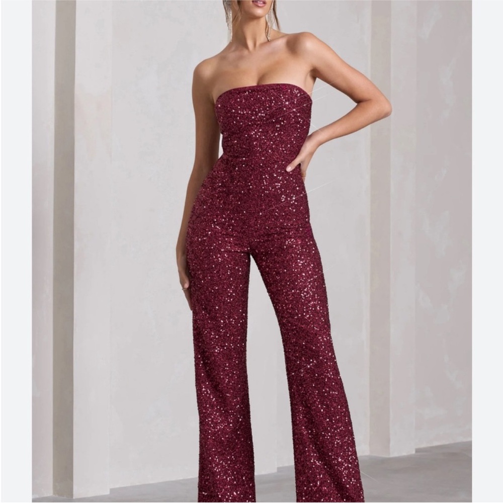 0310 - Wild Fable Sparkling Burgundy Strapless Jumpsuit